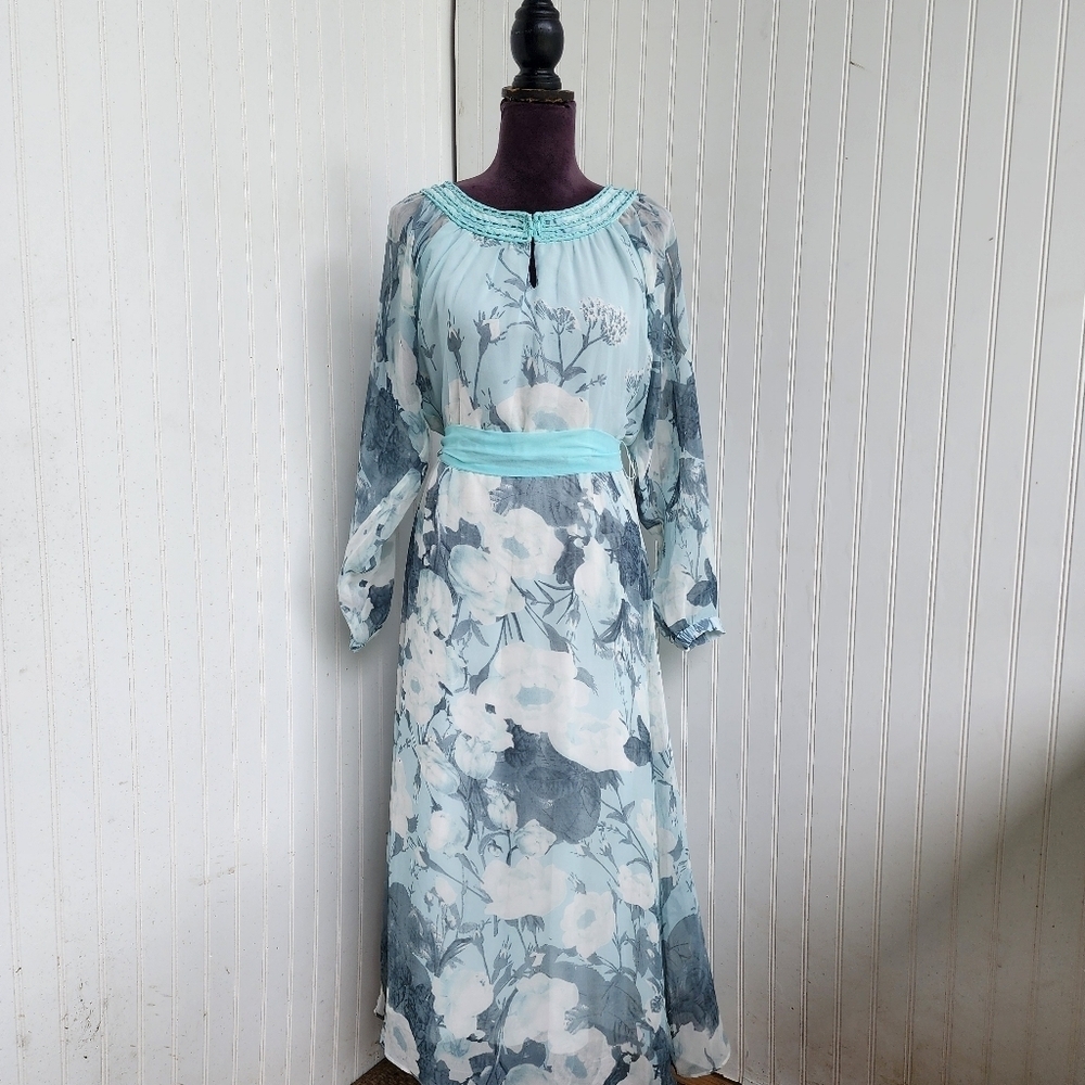 American Glamour Badgley Mischka Dress Womens Long Sleeve Chiffon Beaded Flowy M